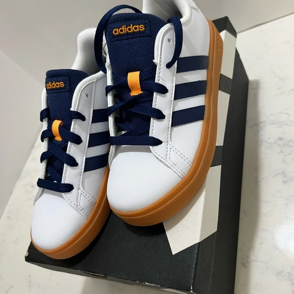 Adidas Kids' White and Navy Sneakers with Orange Accents